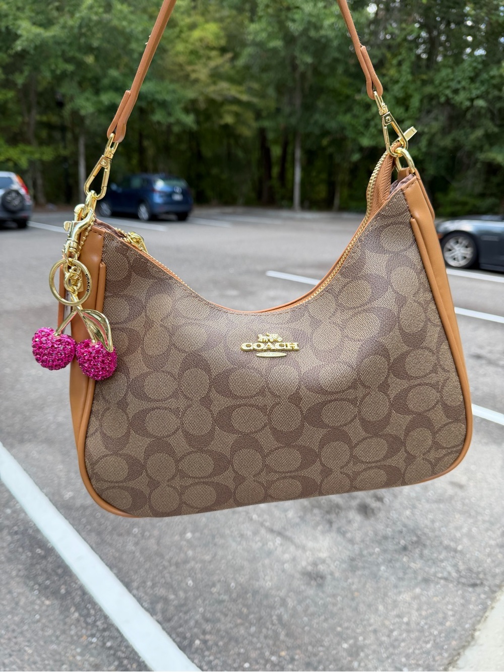 Coach Brown Signature Canvas Shoulder Bag with Tan Trim